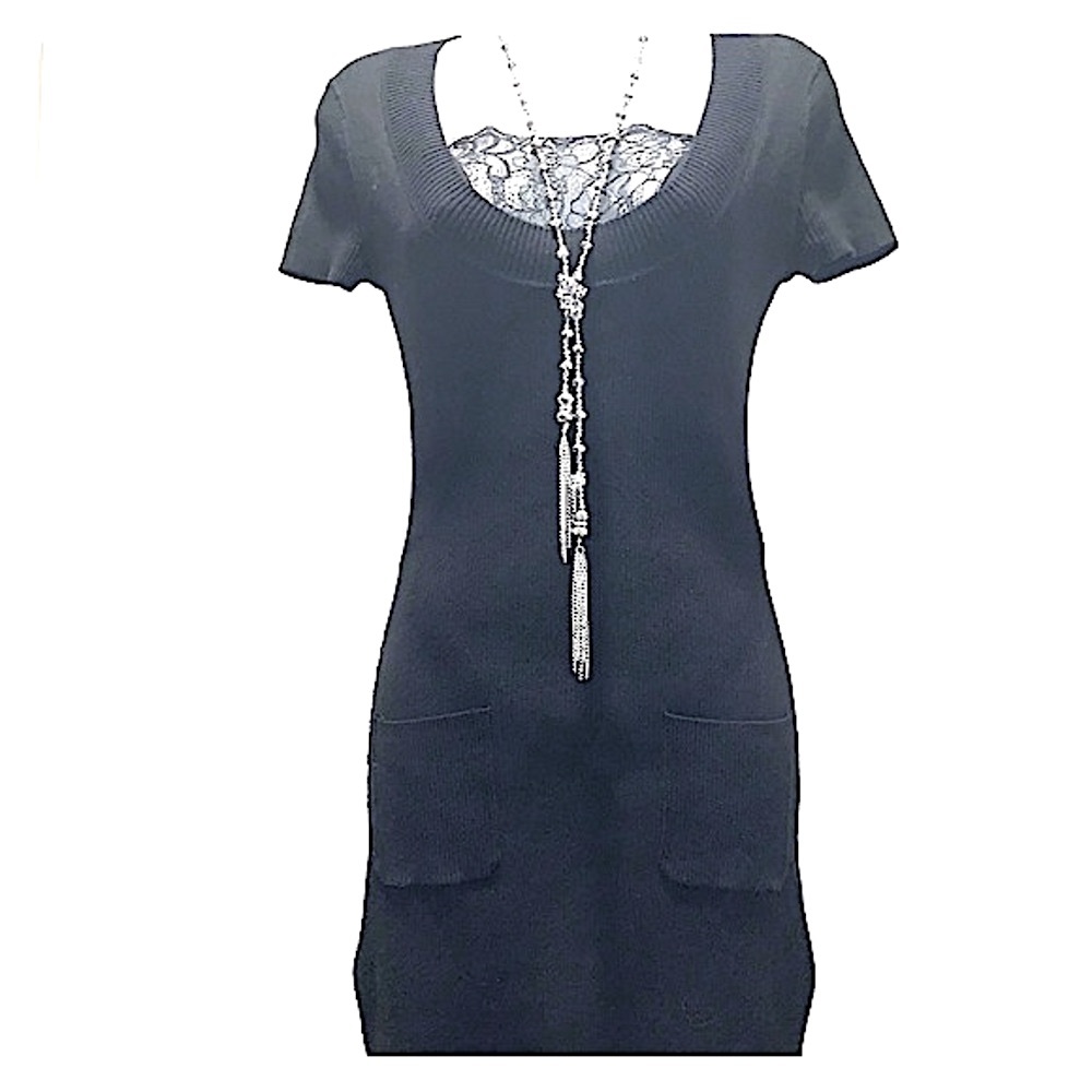 INC International Concepts Short Sleeve Pocket Front Tunic Mini Dress Black Y2K